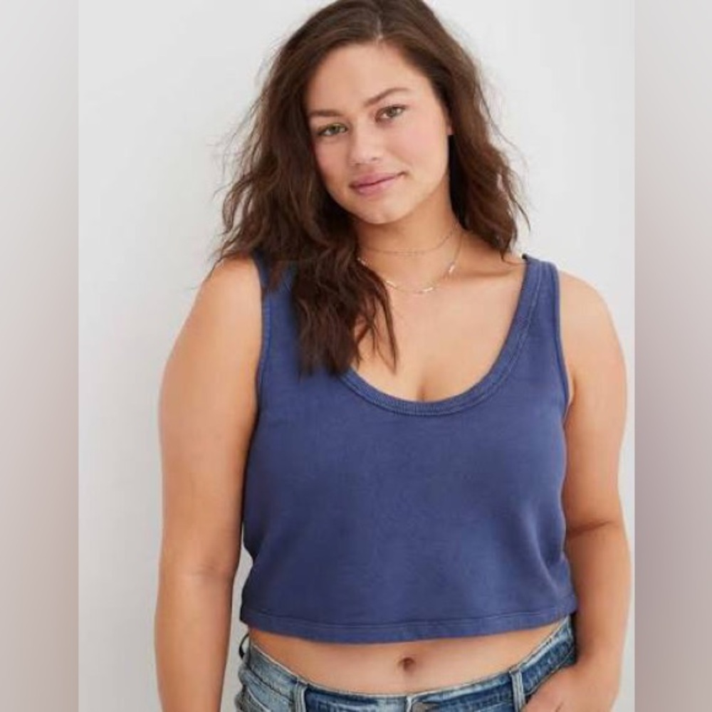 Aerie The Weekend Terry Fleece Crop Tank Top in Blue, size Medium